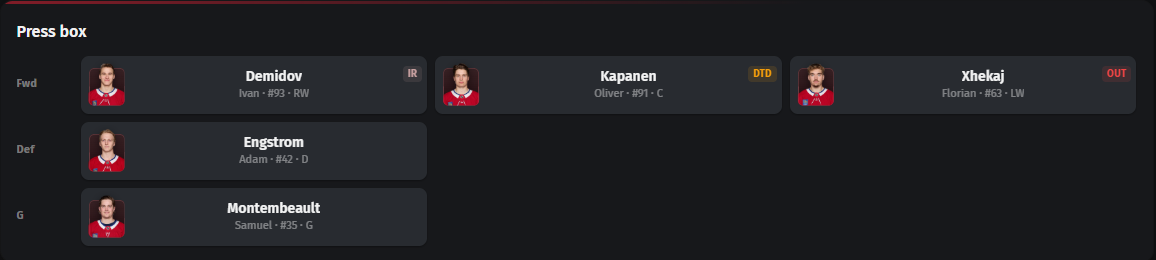 The Montreal press box on NHL Lineups, with IR, DTD and Out badges on Demidov, Kapanen and Xhekaj