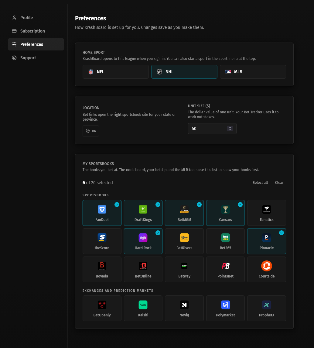 The new Preferences tab: home sport, location, unit size and the full sportsbook list