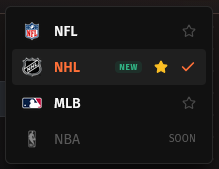 The sport menu with a star next to each league, NHL starred