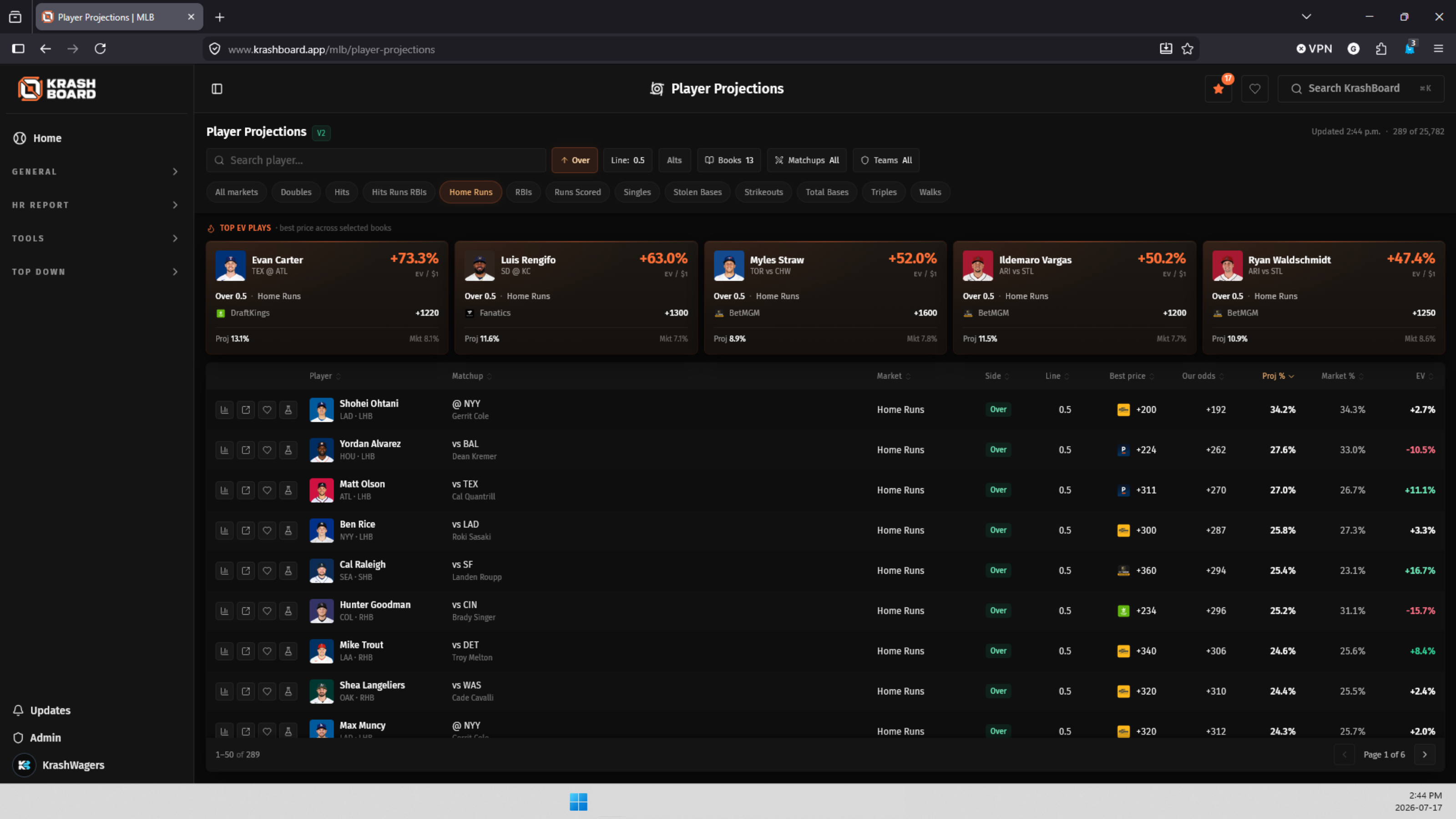KrashBoard Player Projections v2 showing top plays and full projections table
