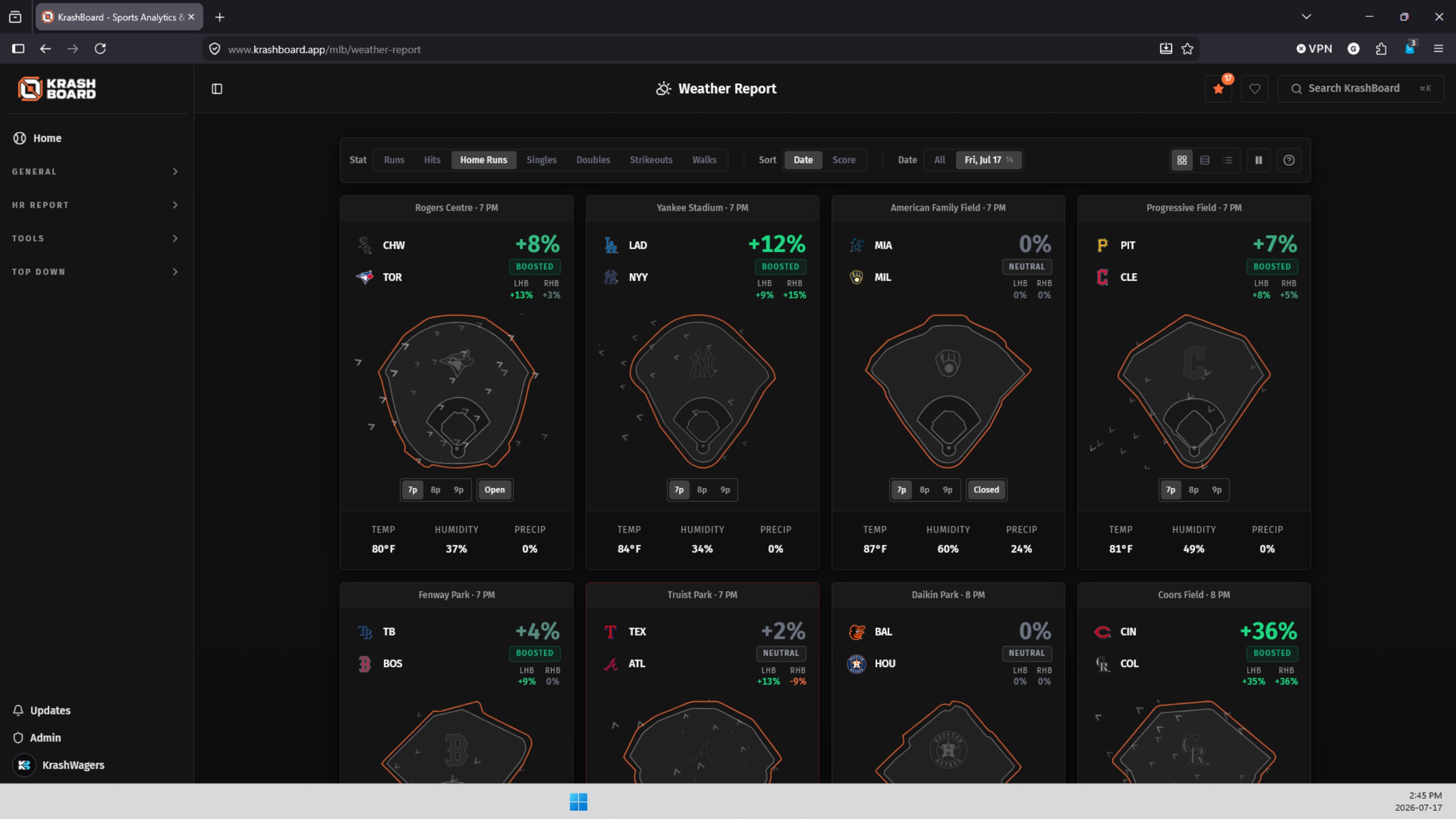 KrashBoard Weather Report showing wind vectors and HR boost percentages on stadium diamonds